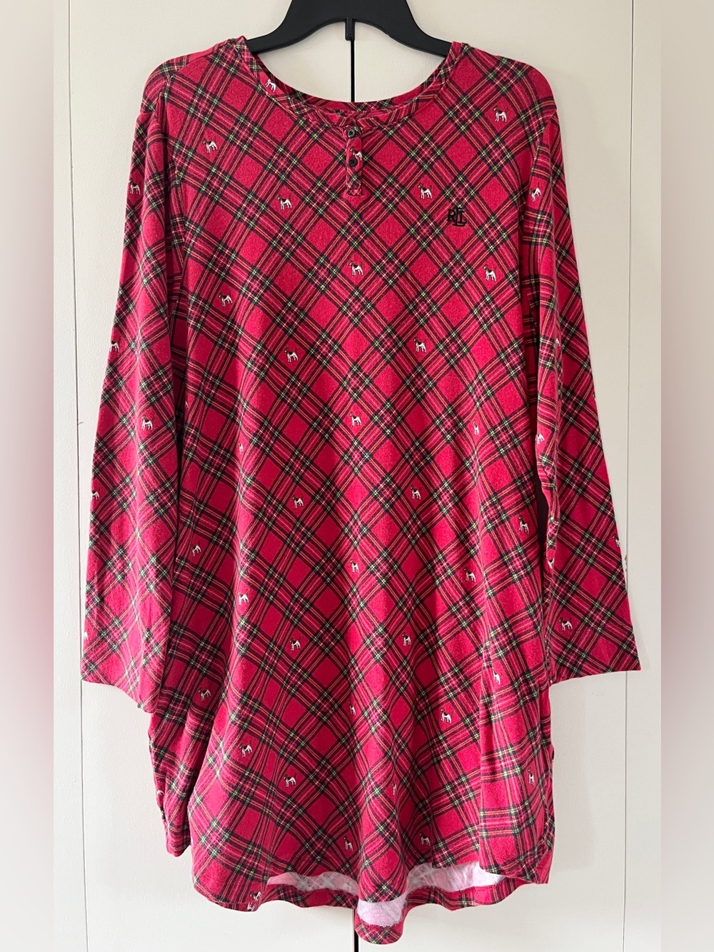 Ralph Lauren LRL Knit Henley Sleepshirt Plaid Dog Nightshirt XL Nightgown Red